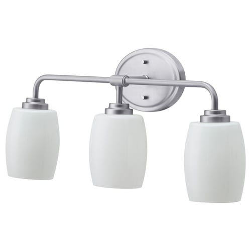 A VALLMORA bathroom wall lamp in brushed nickel with three frosted glass shades.