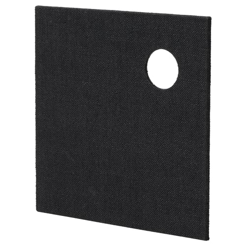 Black square speaker cover, fabric, single hole.