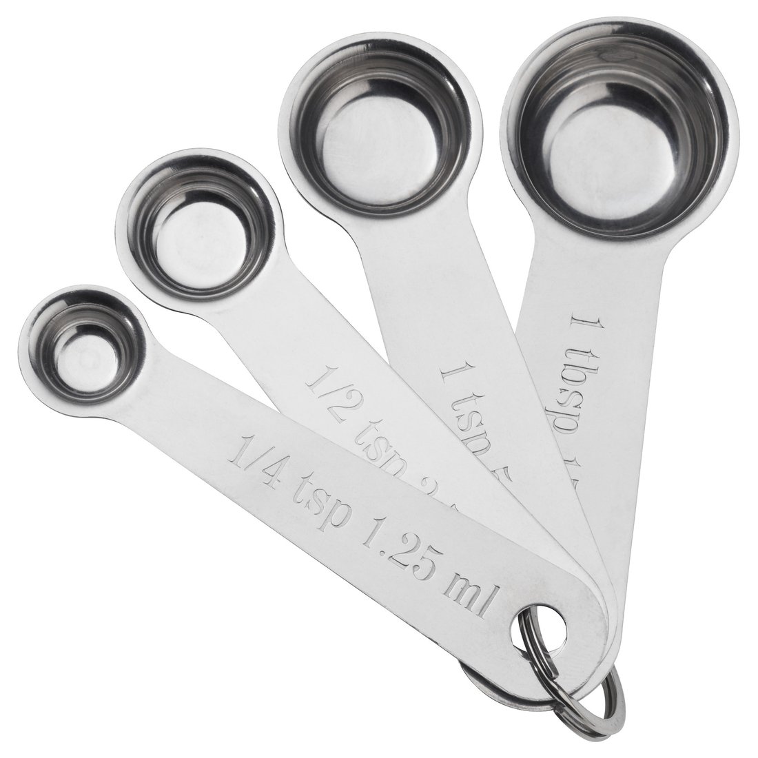 Four stainless steel measuring spoons, nested for compact storage, with sizes clearly engraved on each spoon.