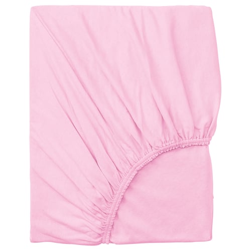 This image shows a VÅRVIAL pink fitted sheet made of 100% cotton. Its square-shaped with an elastic hem.
