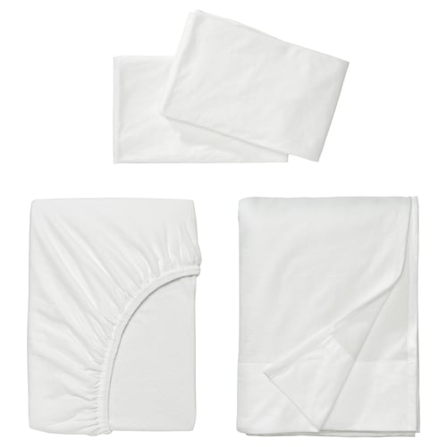VÅRVIAL white cotton bedding set: flat, fitted sheets, pillowcases, neatly folded with elastic edges.