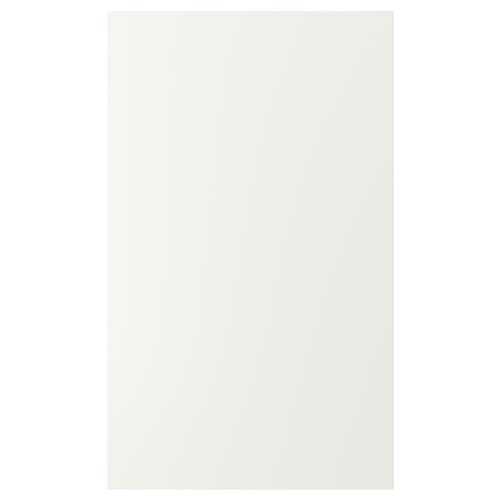 This image shows a white VEDDINGE kitchen cabinet door with sleek, clean lines, smooth and seamless surface, resistant to moisture, and easy to clean.