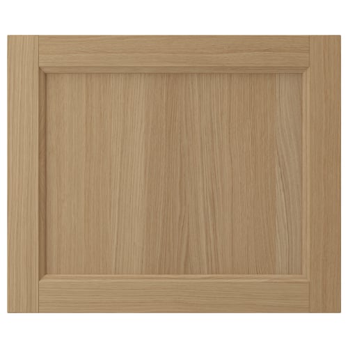 Wooden kitchen cabinet door in light oak. Rectangular with solid oak frame and veneer panel, lacquer coated for durability.