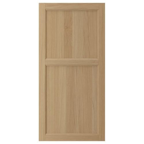 VEDHAMN natural oak cabinet door; rectangular, solid oak frame with veneer panel, simple design.