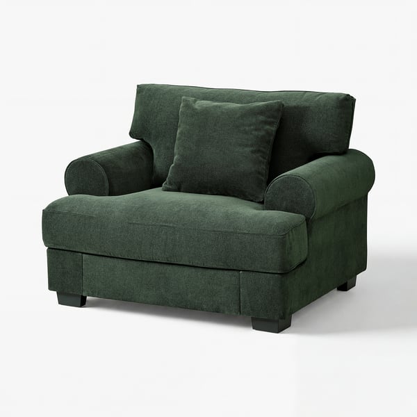Green VENNGARN sofa, soft fabric, deep seat, rolled arms, cosy design.