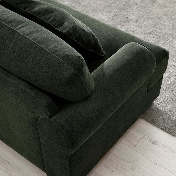Dark green couch close-up, showing plush cushions and sturdy construction. Soft, textured fabric, cosy design.