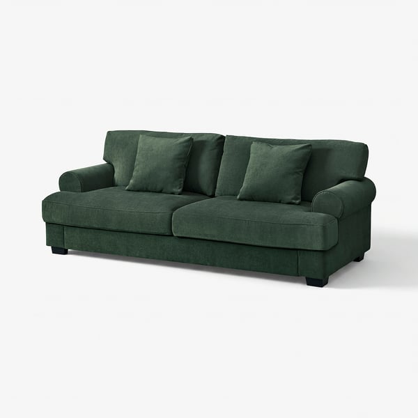 Dark green VENNGARN sofa, deep seats, high back, plush cushions, sturdy wooden legs.