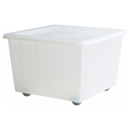 A white VESSLA storage crate with wheels, designed for easy transport and stacking.