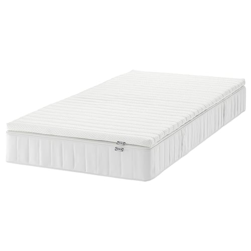 White pocket-spring mattress for side/back sleepers, medium-firm, breathable, with wool, rectangular.