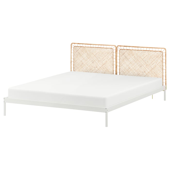 VEVELSTAD bed frame with 2 headboards, white/Tolkning rattan, King IKEA