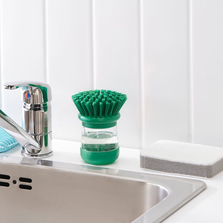 VIDEVECKMAL dish brush with soap dispenser, bright green IKEA