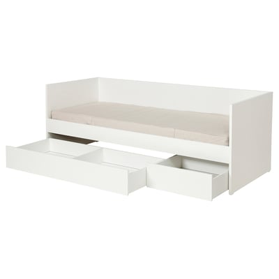 White VIHALS daybed with storage drawers, minimalist design, perfect for small spaces.