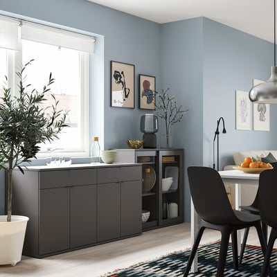 VIHALS Storage combination w/glass doors, dark gray/clear glass, 92 1/2x18 1/2x35 3/8 "