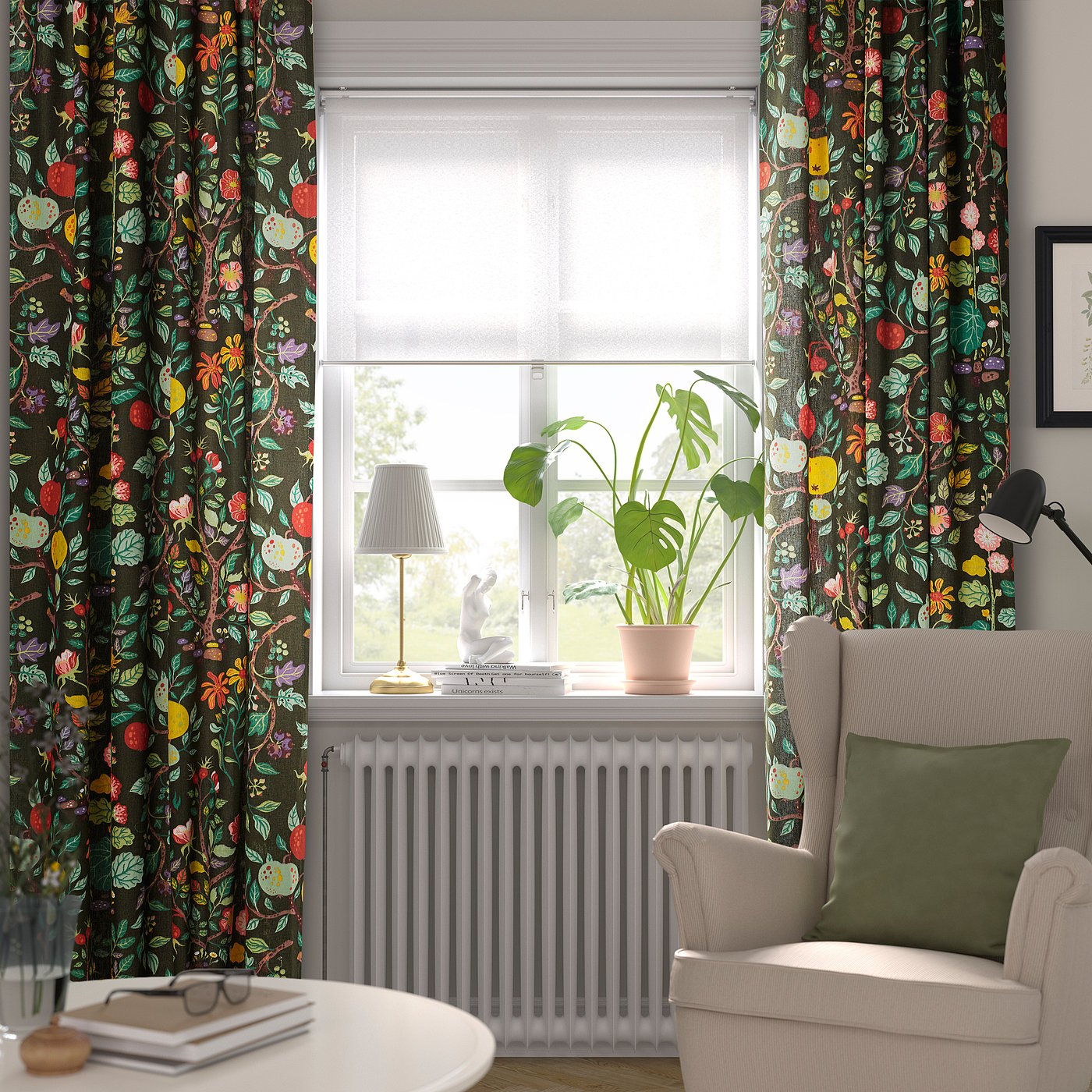 VILDPERSILJA curtains, 1 pair, black-green multicolor/floral pattern ...
