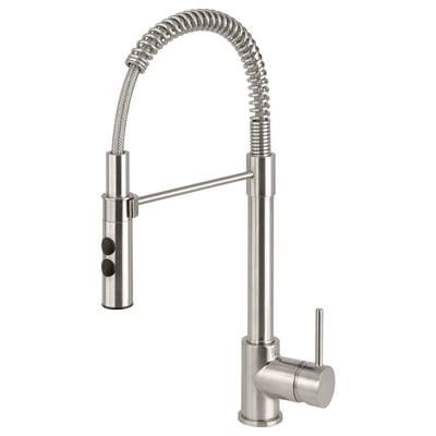 Modern kitchen tap VIMMERN, stainless steel, curved spout, magnetic hand spray, sleek design.