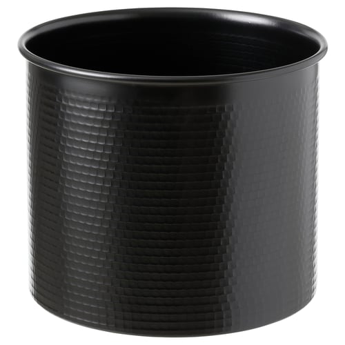 Black cylindrical vase with textured design, aluminium with powder coating.