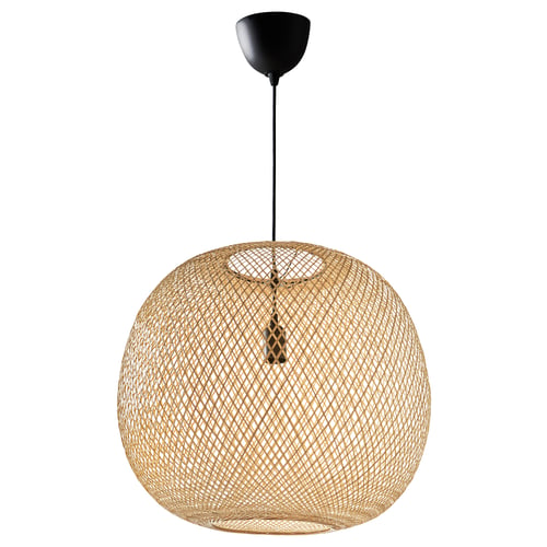 Bamboo pendant lamp with warm, soft light.