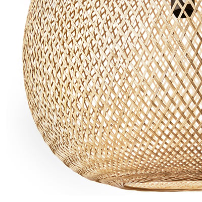 Handcrafted bamboo pendant lamp, intricately woven. Soft glowing light, warm atmosphere. Natural, calming design.