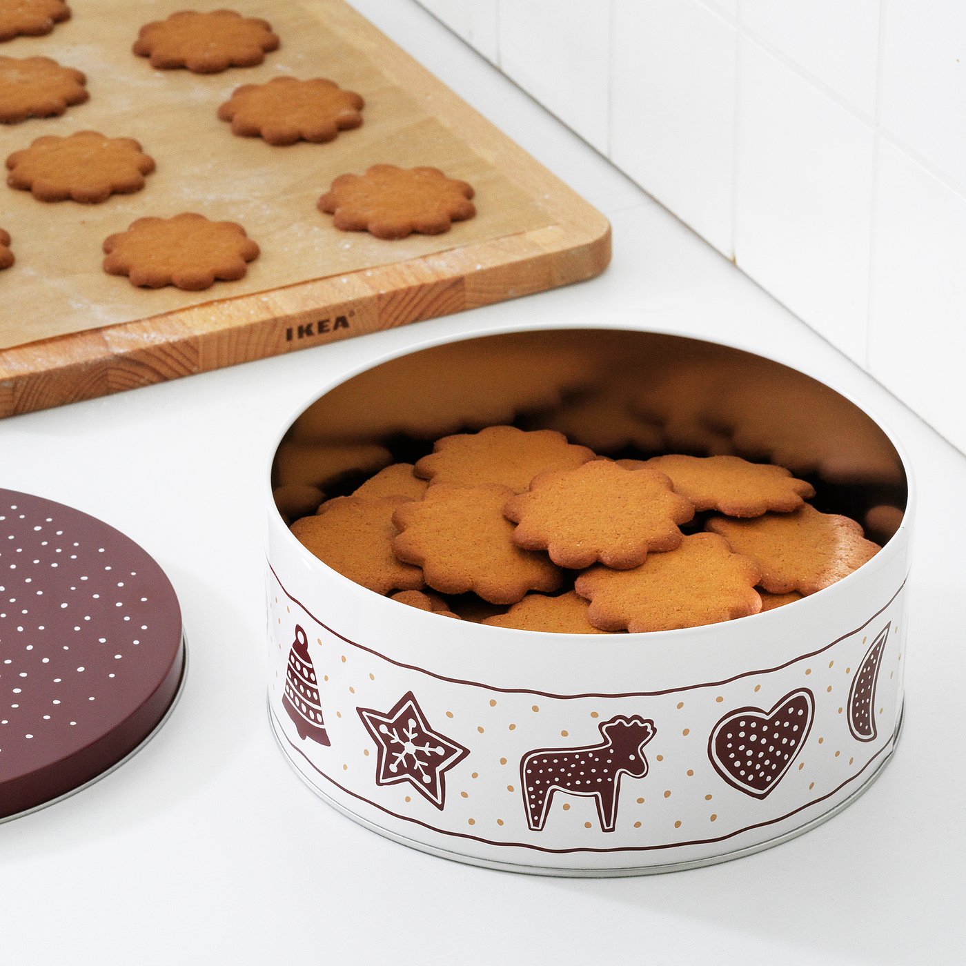 VINTER 2020 Tin with lid gingerbread pattern white/brown IKEA