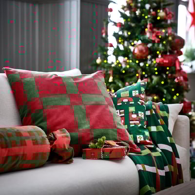 VINTERFINT Cushion cover, check pattern red/dark green, 26x26 "