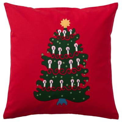 Red christmas tree pillow, green tree with white candles, yellow star top, cotton.
