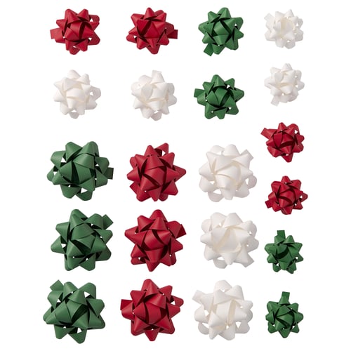 Colourful paper gift bows in red, green, and white, arranged in 5x5 grid, round shape with intricate folds.