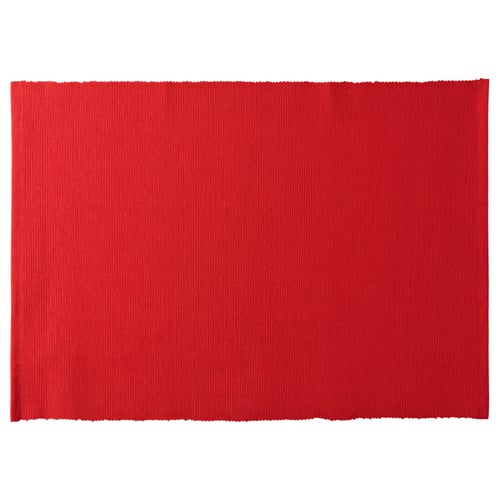 Red rectangular placemat, ridged texture, made from recycled polyester and cotton.