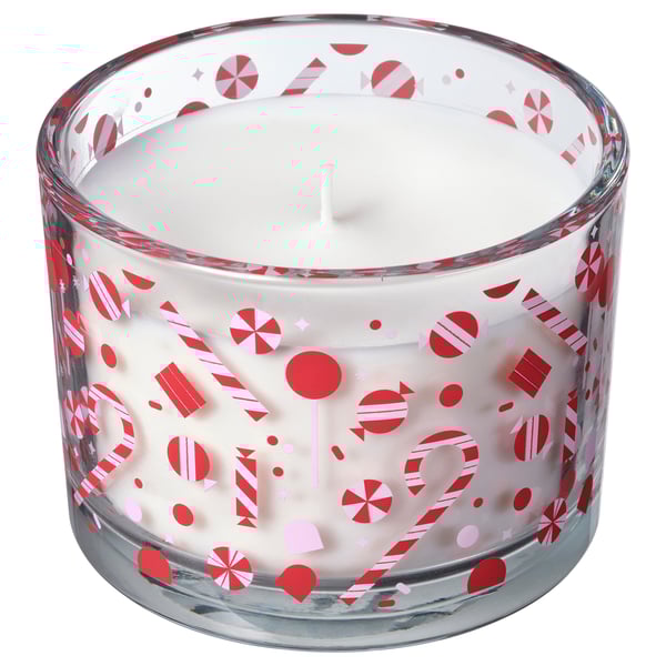 VINTERFINT Scented candle in glass, Candy cane/white, 50 hr