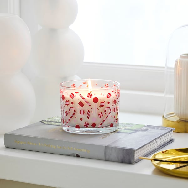 VINTERFINT Scented candle in glass, Candy cane/white, 50 hr