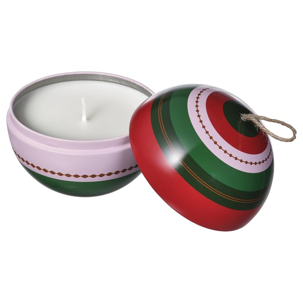 VINTERFINT Scented candle in metal cup, bauble/Warm spices green, 28 hr