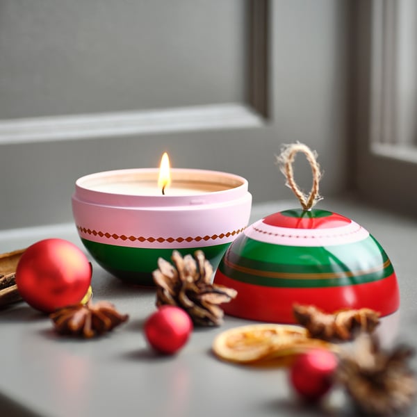 VINTERFINT Scented candle in metal cup, bauble/Warm spices green, 28 hr