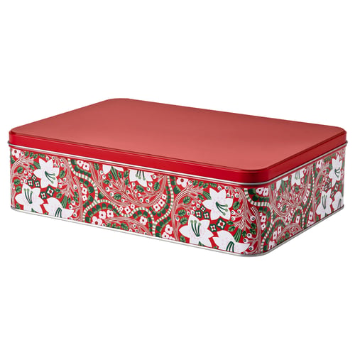 VINTERFINT Tin with lid, flower pattern red, 11 ½x7 ¾x3 ¼ "