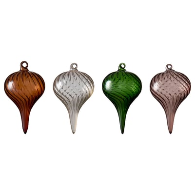 Four colourful glass ornaments in teardrop shape, brown, white, green, and pink, hanging.