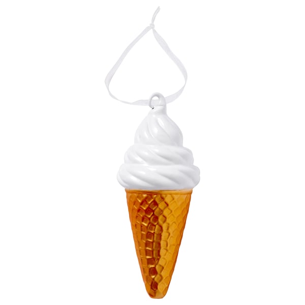 Ice cream cone ornament, bright yellow with white swirl, hanging ribbon, glass with paint.