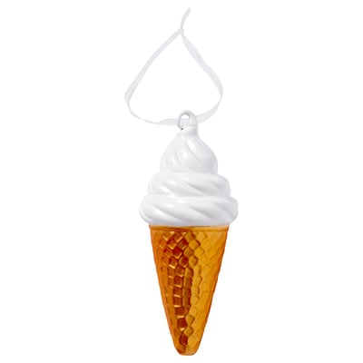Ice cream cone ornament, bright yellow with white swirl, hanging ribbon, glass with paint.