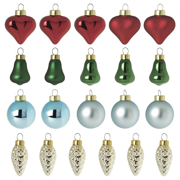 VINTERFINT 24 colourful ornaments: hearts, bells, spheres, bulbs in red, green, blue, gold.
