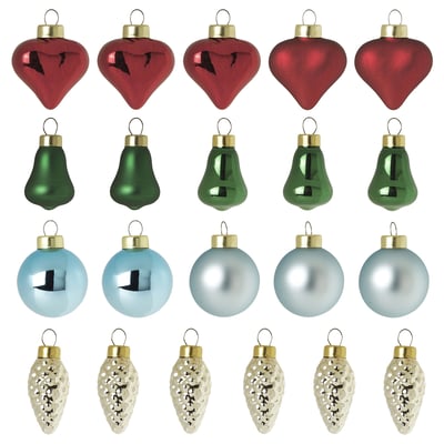 VINTERFINT 24 colourful ornaments: hearts, bells, spheres, bulbs in red, green, blue, gold.