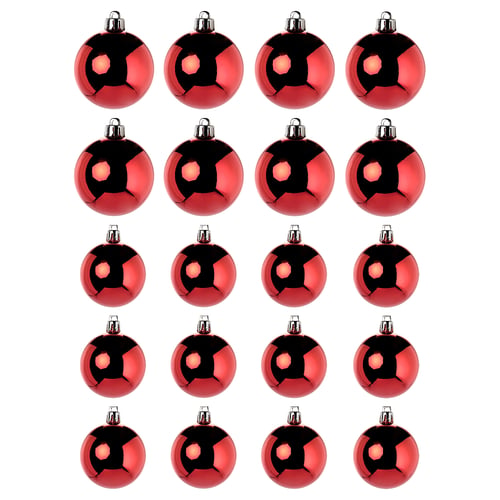 Multiple shiny red VINTERFINT ornaments, round shape, metallically designed, hanging caps.