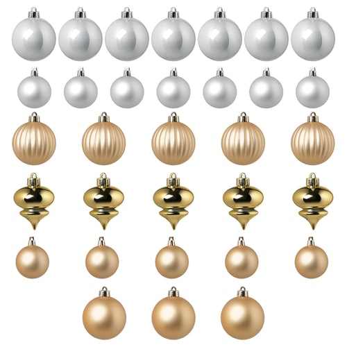 VINTERFINT Tree ornament set of 32, bauble mixed shapes/white/gold color