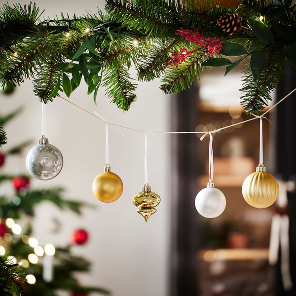 VINTERFINT Tree ornament set of 32, bauble mixed shapes/white/gold color