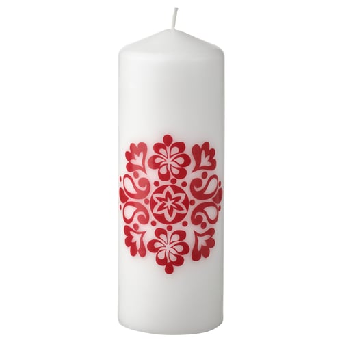 VINTERFINT Unscented pillar candle, floral pattern white/red, 70 hr IKEA
