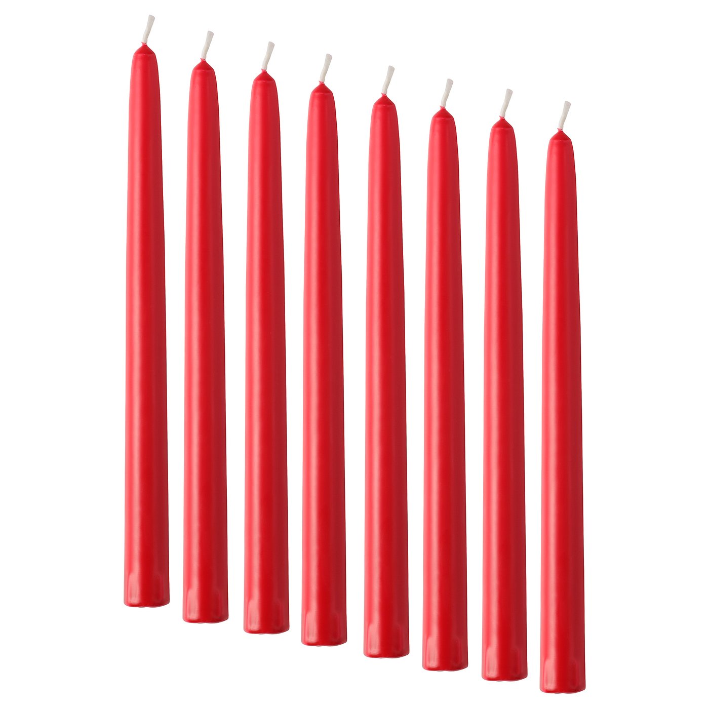 Eight red candles in a row, uniformly shaped with white wicks, arranged neatly.