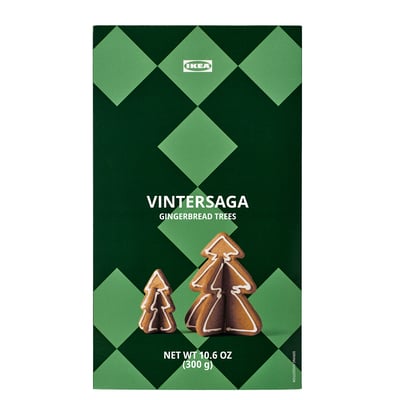 IKEA VINTERSAGA gingerbread trees packaging - green box with gingerbread image, 10. 6 oz.