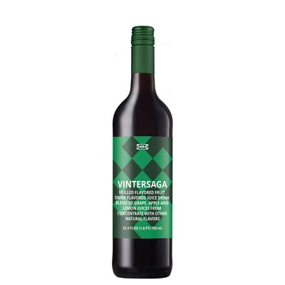 Green IKEA VINTERSAGA bottle with diamond pattern, dark glass, standing upright.