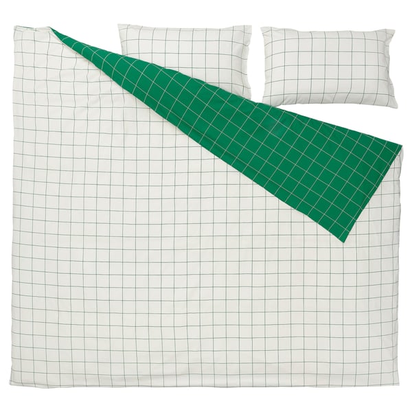 VITKLÖVER duvet cover and pillowcase(s), white green/check, Full/Queen