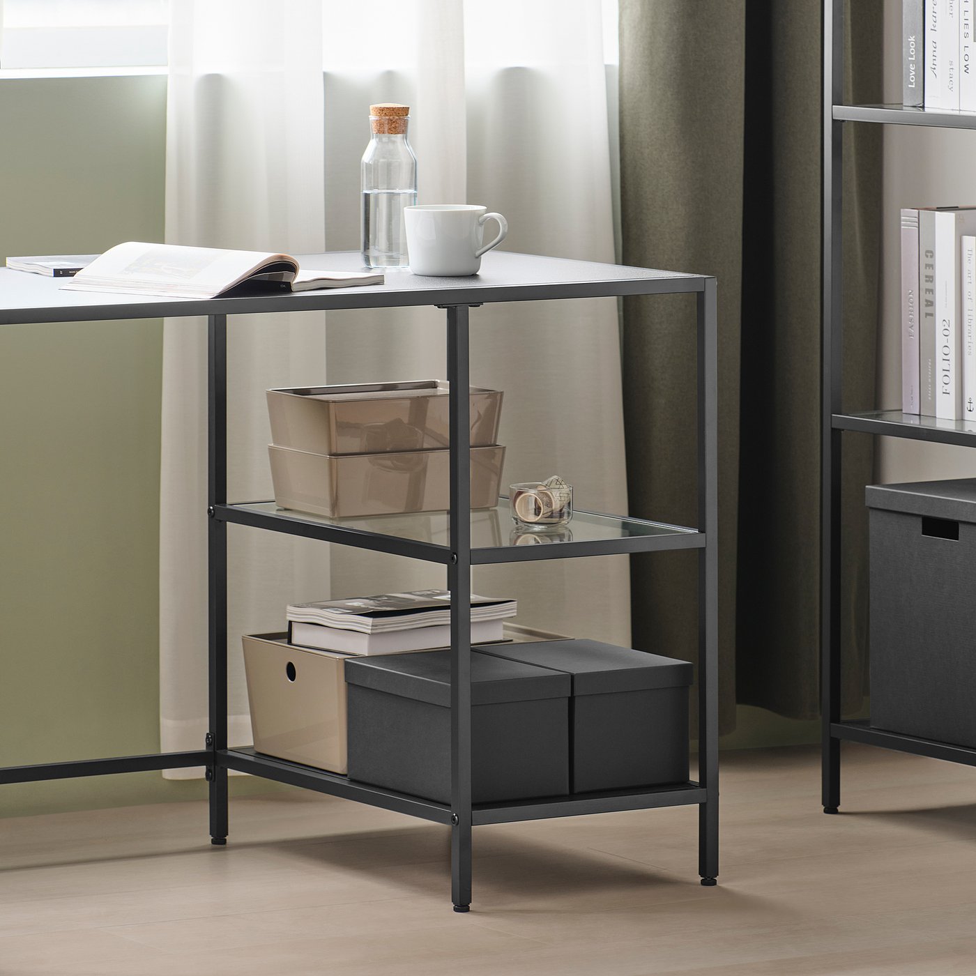 VITTSJÖ desk, black-brown/glass, 431/4x235/8