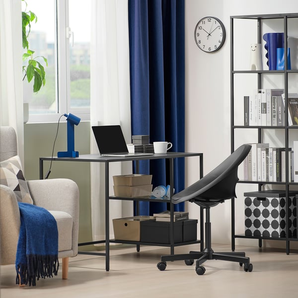 VITTSJÖ / ELDBERGET Desk and chair, black-brown/dark gray black