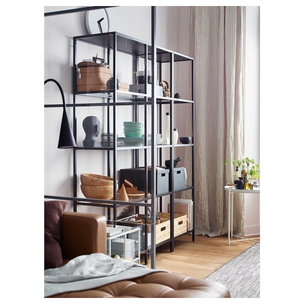 VITTSJÖ Storage combination, black-brown/glass, 59 1/2x14 1/8x68 7/8 "