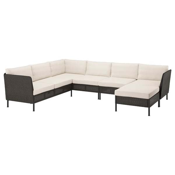 VITTSKÄR 5-seat modular corner sofa, outdoor plastic rattan dark gray/Frösön/Duvholmen beige