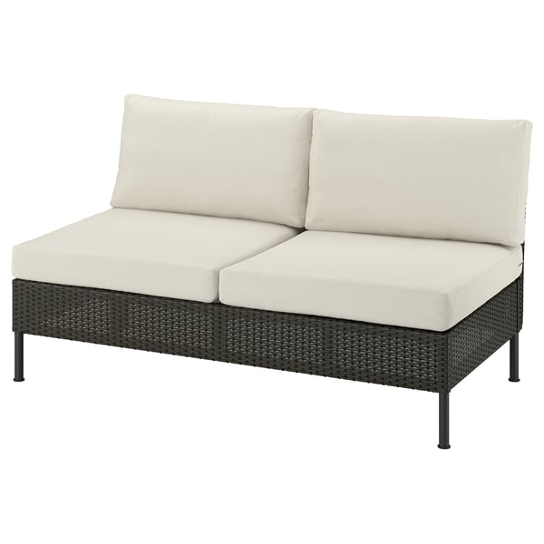 VITTSKÄR Loveseat, outdoor plastic rattan dark gray/Frösön/Duvholmen beige